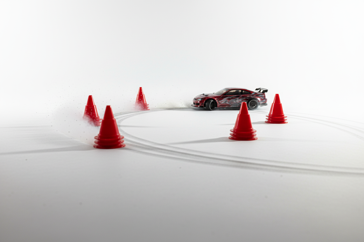 Mini RC car drifting through red cones